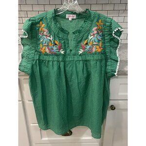 Jess Lea Tunic Top Womens 3X Green Embroidered Floral Boho Ruffle Peasant Blouse